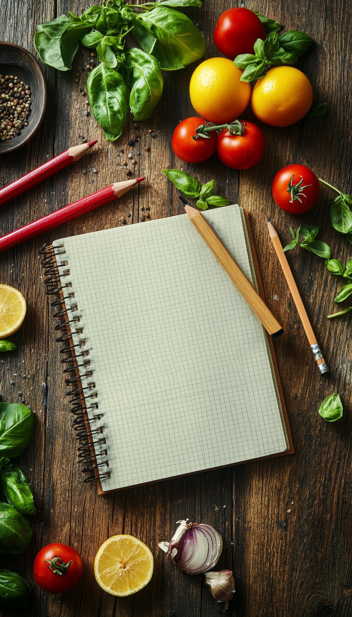 Mesa con ingredientes frescos y cuaderno de recetas